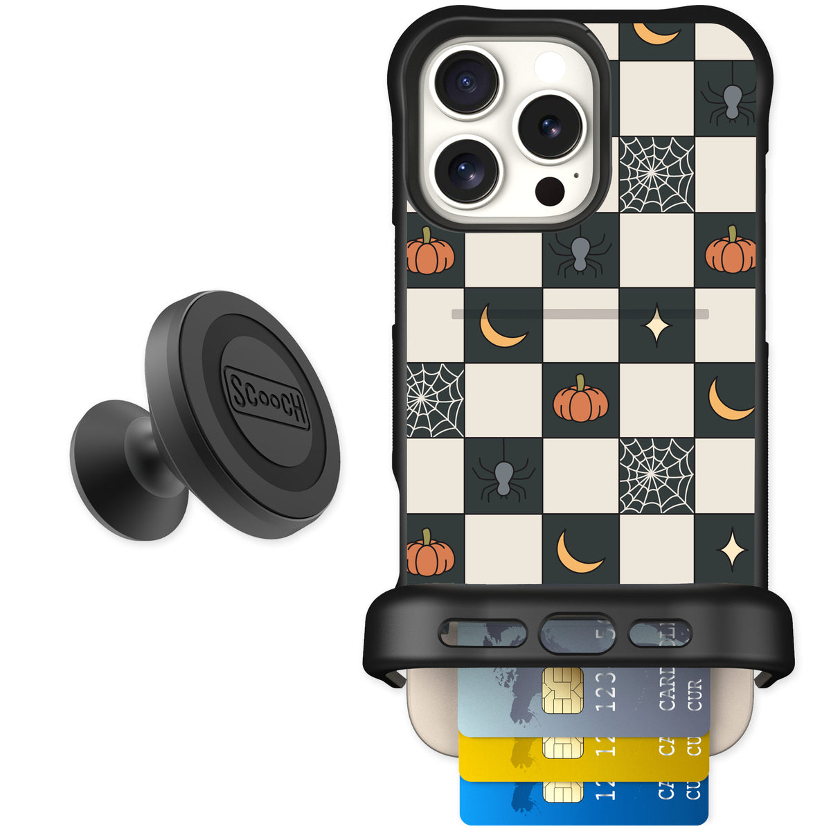 Scooch Wingmate Spooky Squares for iPhone 16 Pro Max — Starter Bundle