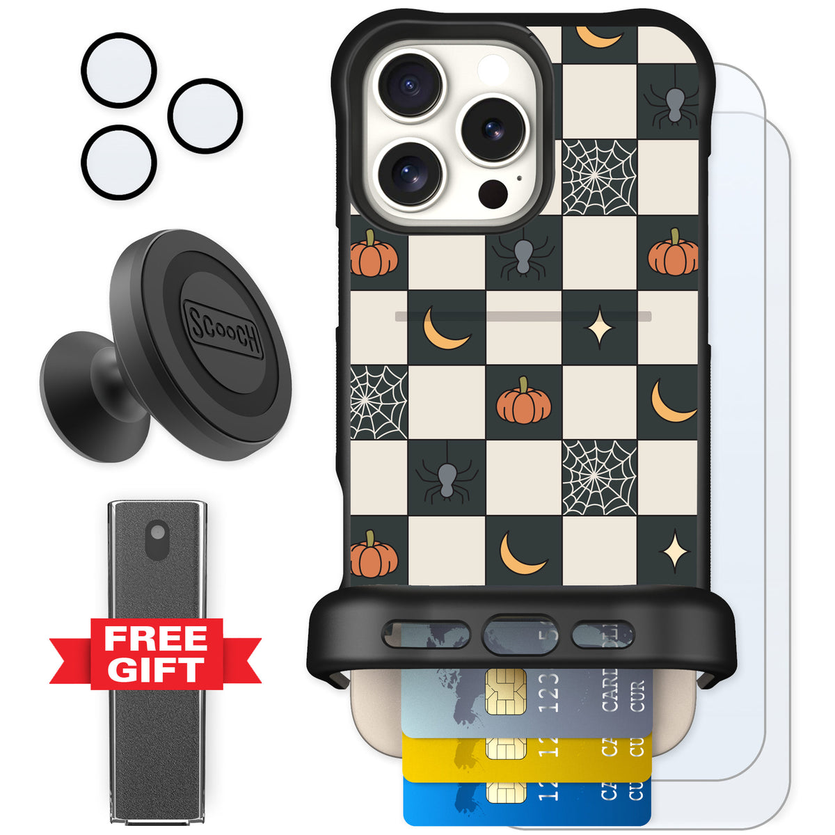 Scooch Wingmate Spooky Squares for iPhone 16 Pro Max — Defender Bundle