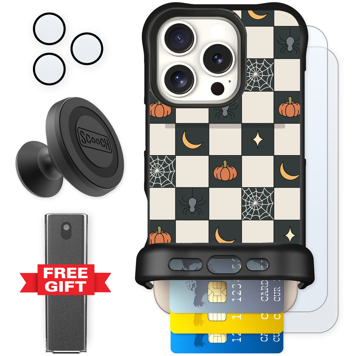 Scooch Wingmate Spooky Squares for iPhone 16 Pro — Defender Bundle