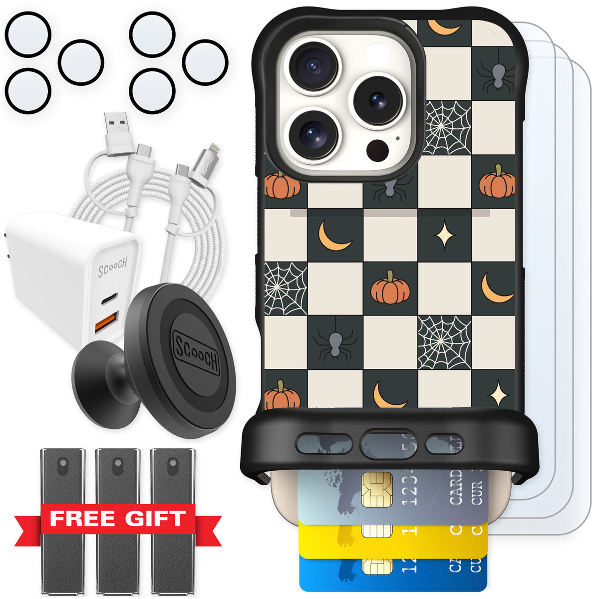 Scooch Wingmate Spooky Squares for iPhone 16 Pro — Ultimate Bundle