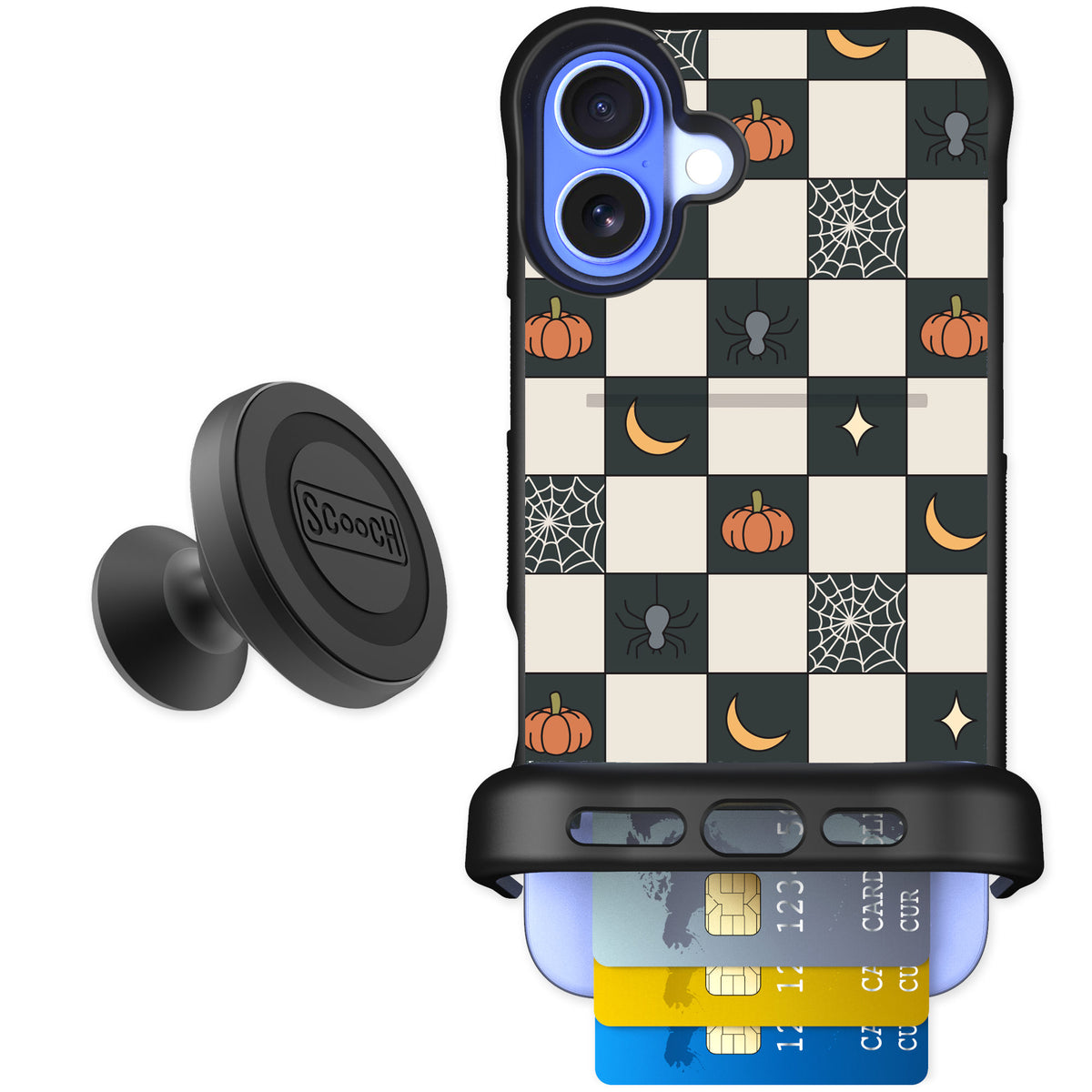 Scooch Wingmate Spooky Squares for iPhone 16 Plus — Starter Bundle