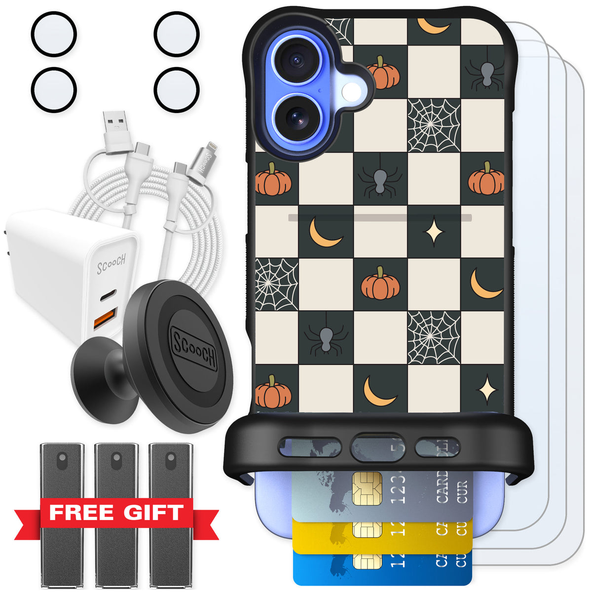 Scooch Wingmate Spooky Squares for iPhone 16 Plus — Ultimate Bundle