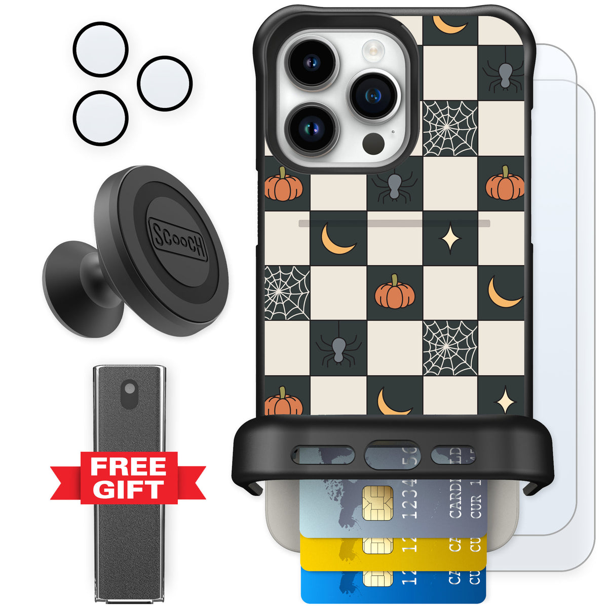 Scooch Wingmate Spooky Squares for iPhone 15 Pro Max — Defender Bundle