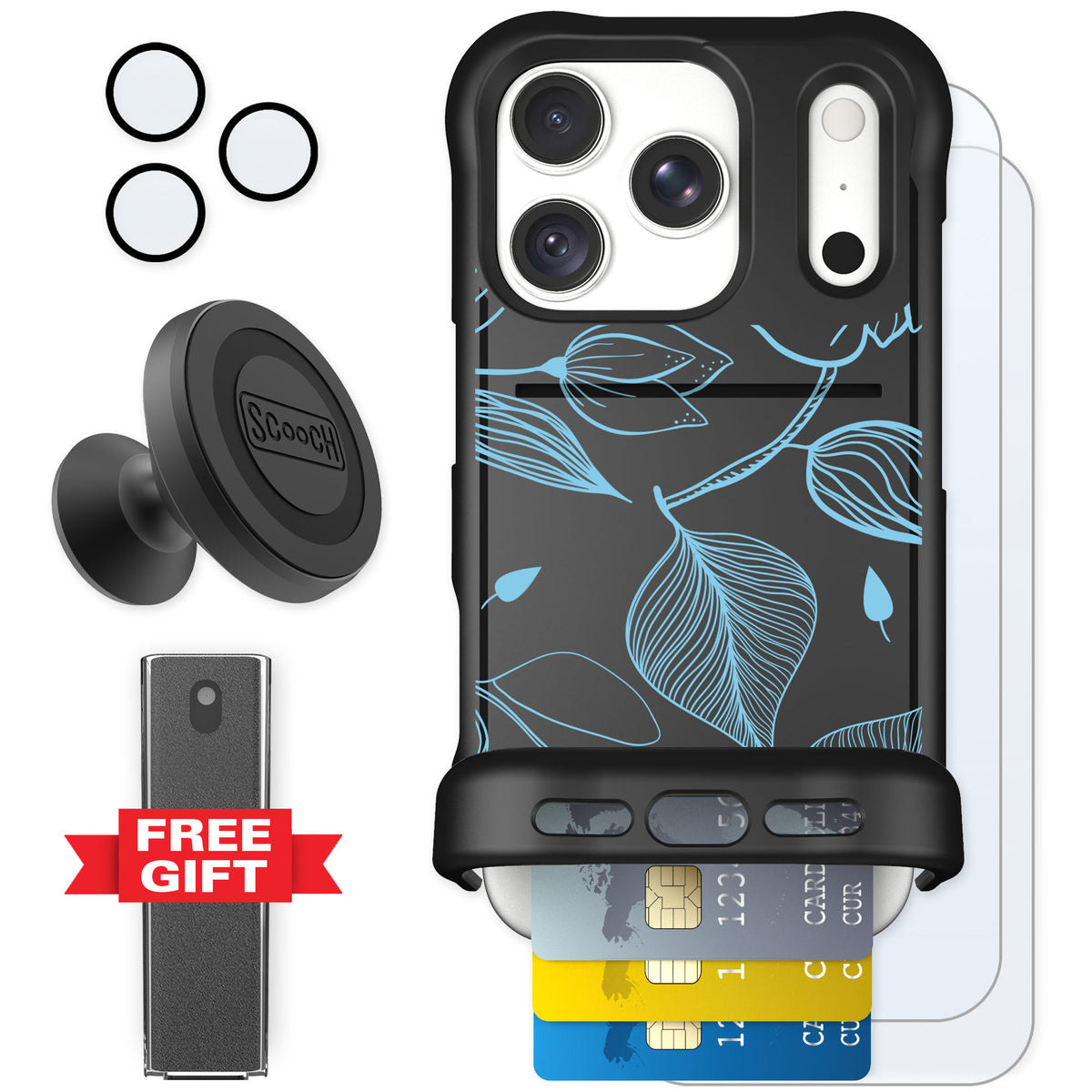 Scooch Wingmate Blue Hibiscus for iPhone 18 Pro — Defender Bundle
