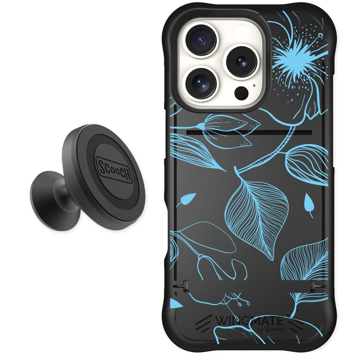 Scooch Wingmate Blue Hibiscus for iPhone 16 Pro — Starter Bundle