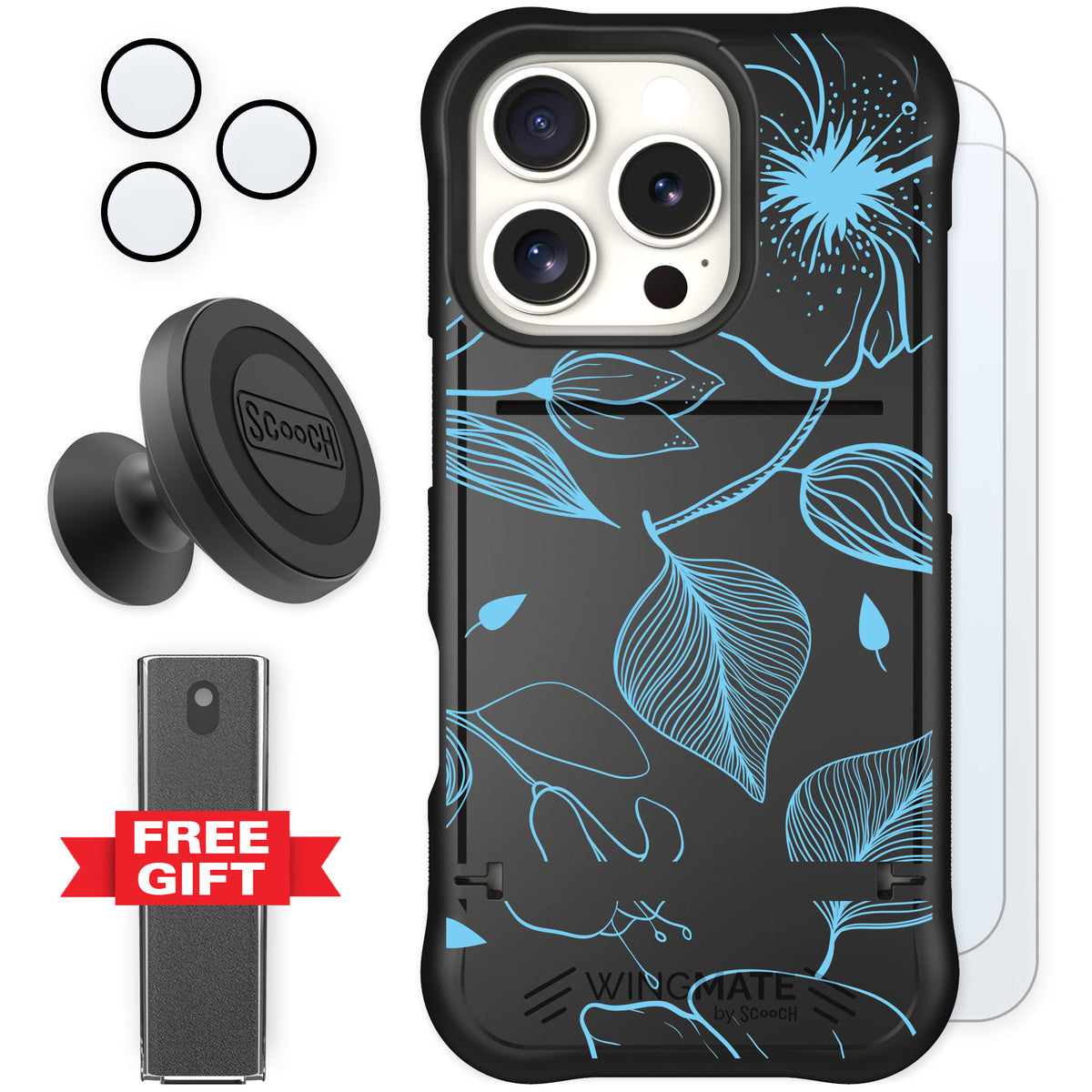 Scooch Wingmate Blue Hibiscus for iPhone 16 Pro — Defender Bundle
