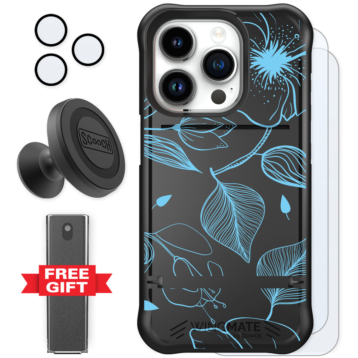 Scooch Wingmate Blue Hibiscus for iPhone 15 Pro — Defender Bundle