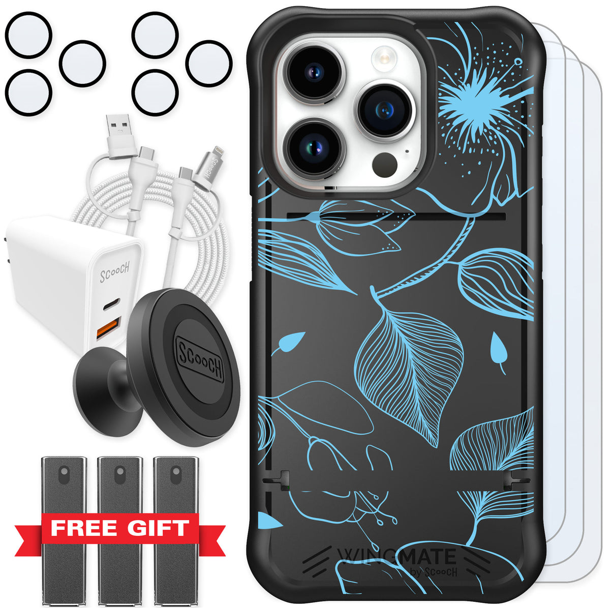Scooch Wingmate Blue Hibiscus for iPhone 15 Pro — Ultimate Bundle