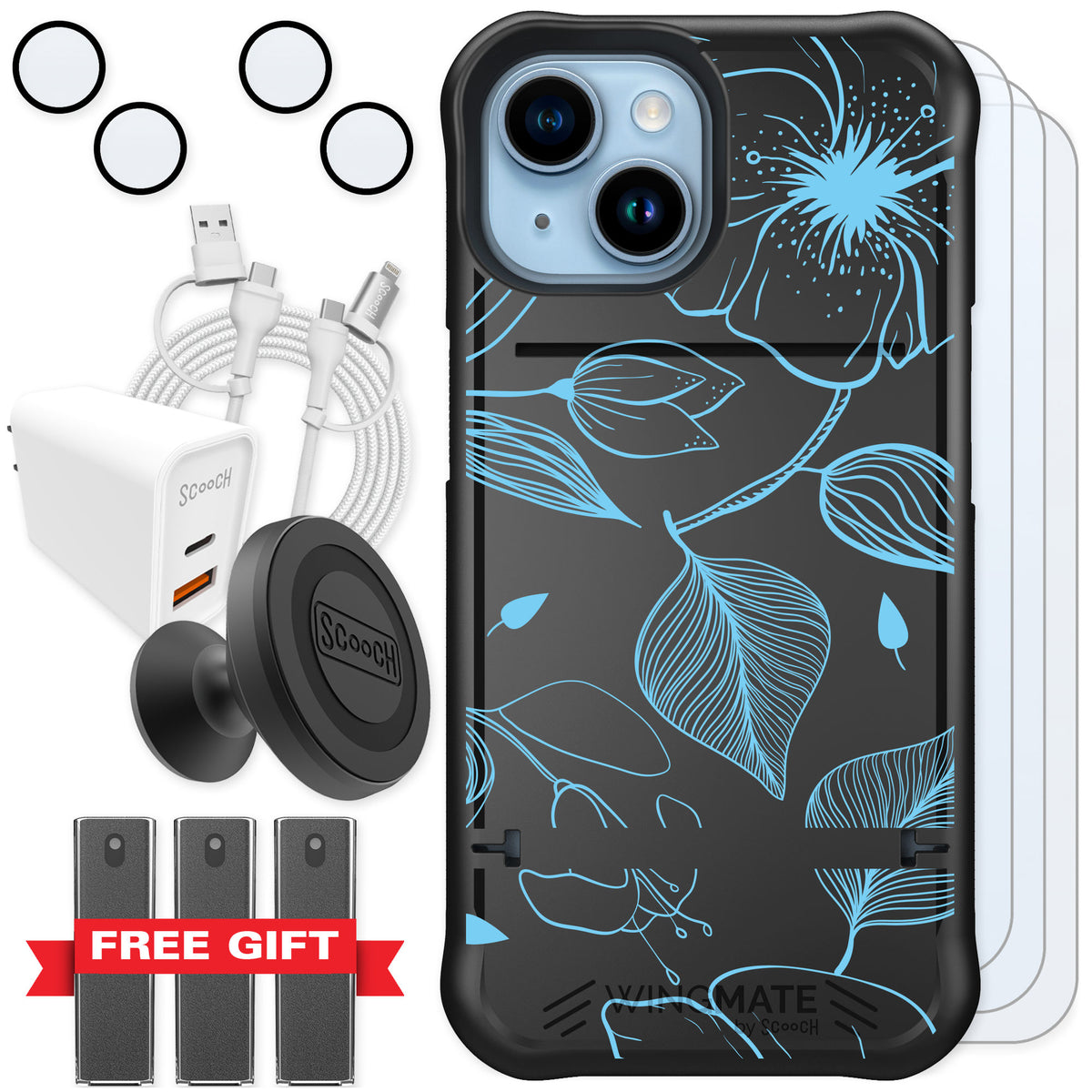Scooch Wingmate Blue Hibiscus for iPhone 15 — Ultimate Bundle