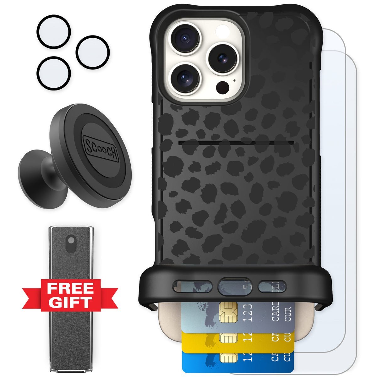 Scooch Wingmate Black Leopard for iPhone 16 Pro Max β Defender Bundle