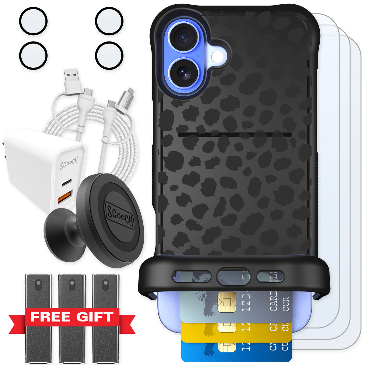 Scooch Wingmate Black Leopard for iPhone 16 Plus β Ultimate Bundle