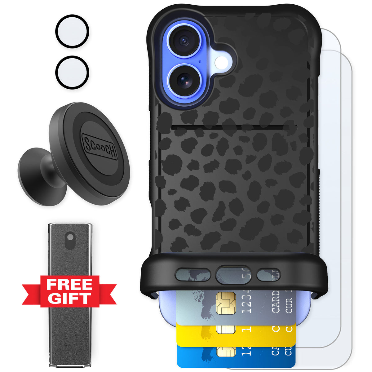 Scooch Wingmate Black Leopard for iPhone 16 β Defender Bundle