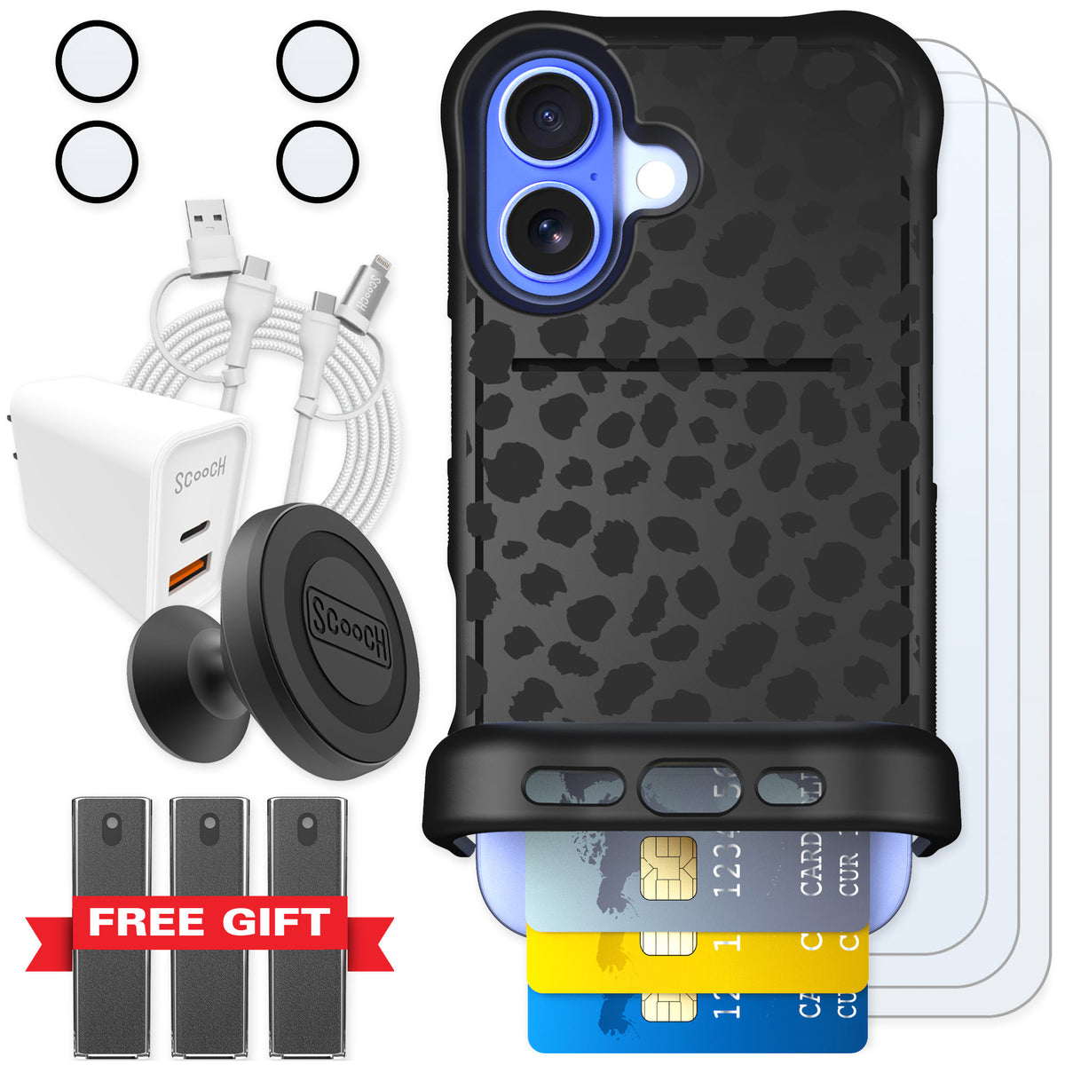 Scooch Wingmate Black Leopard for iPhone 16 β Ultimate Bundle