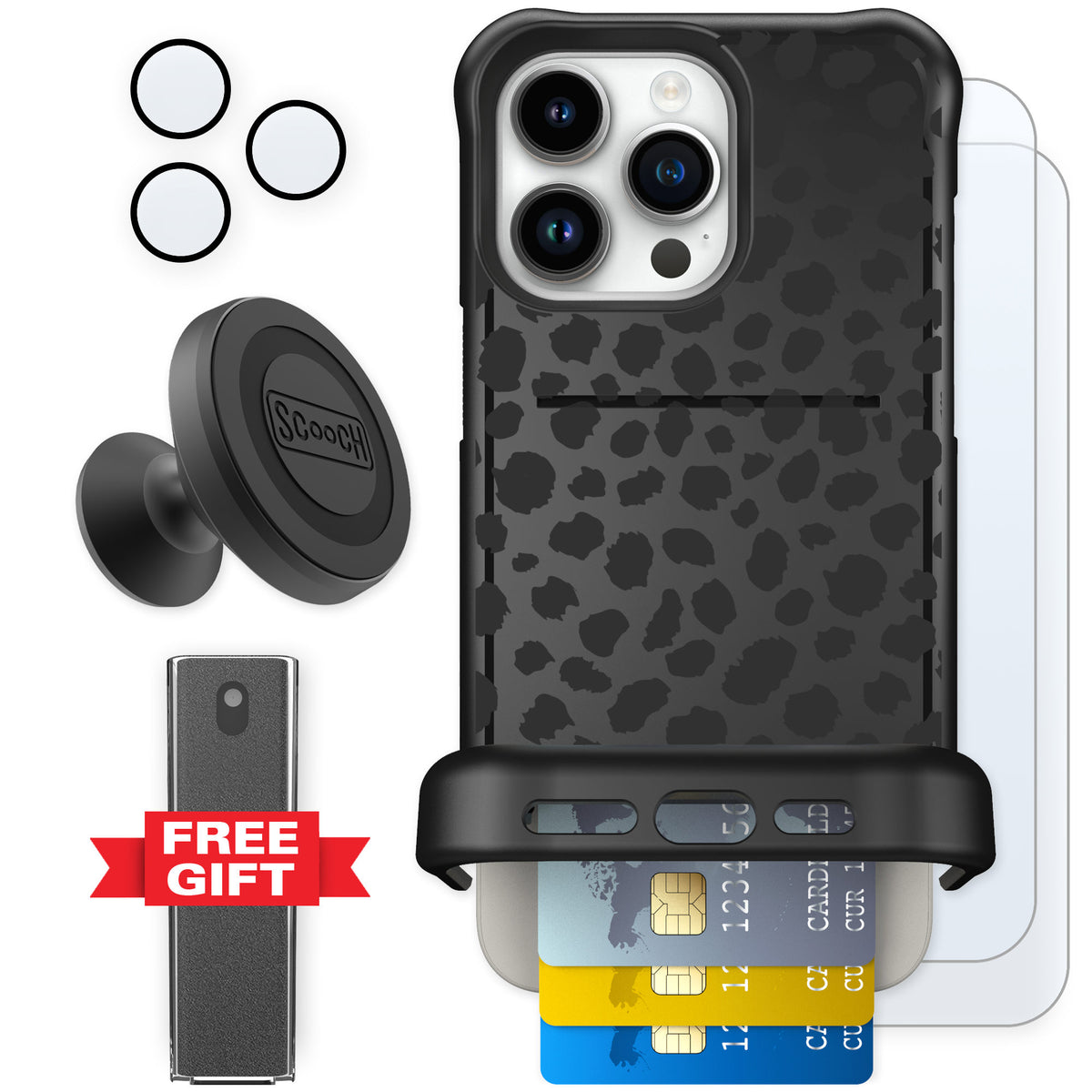 Scooch Wingmate Black Leopard for iPhone 15 Pro Max β Defender Bundle