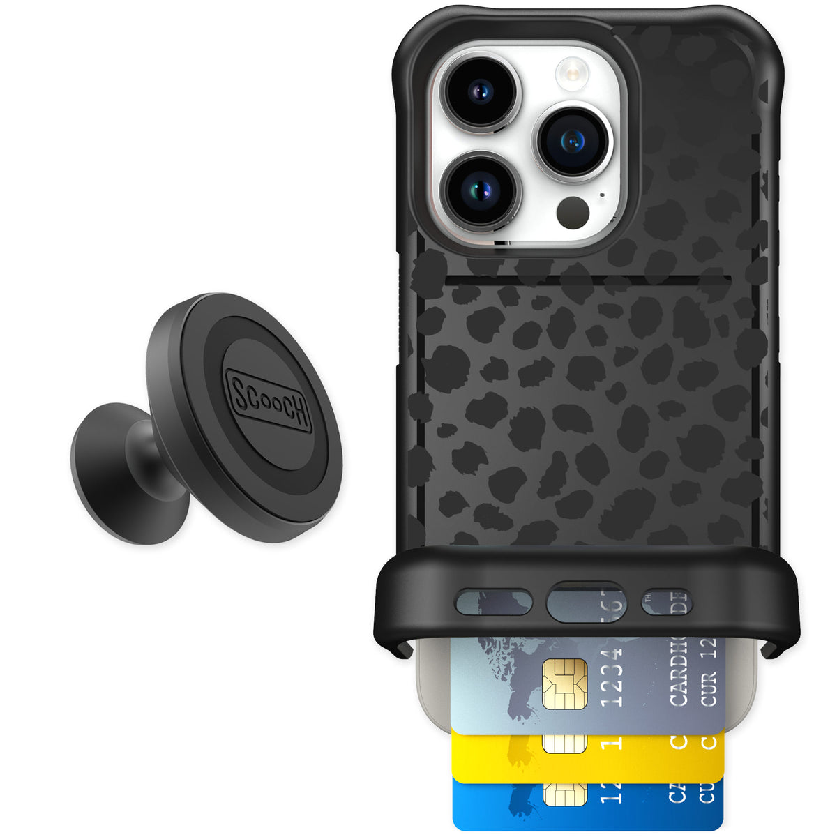 Scooch Wingmate Black Leopard for iPhone 15 Pro β Starter Bundle