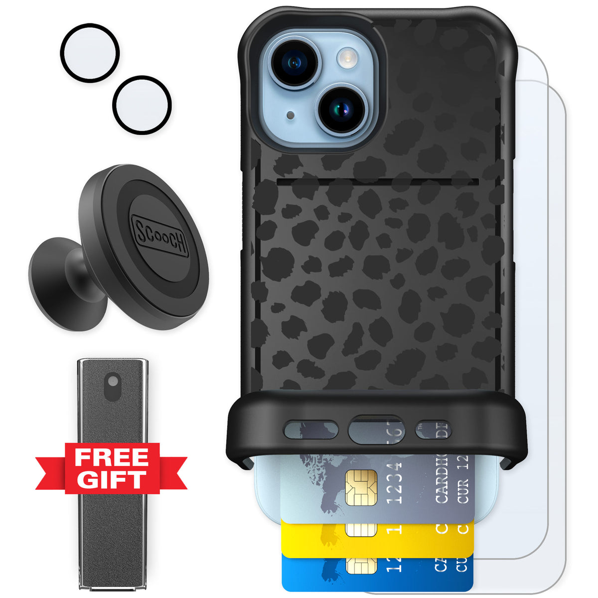 Scooch Wingmate Black Leopard for iPhone 15 β Defender Bundle