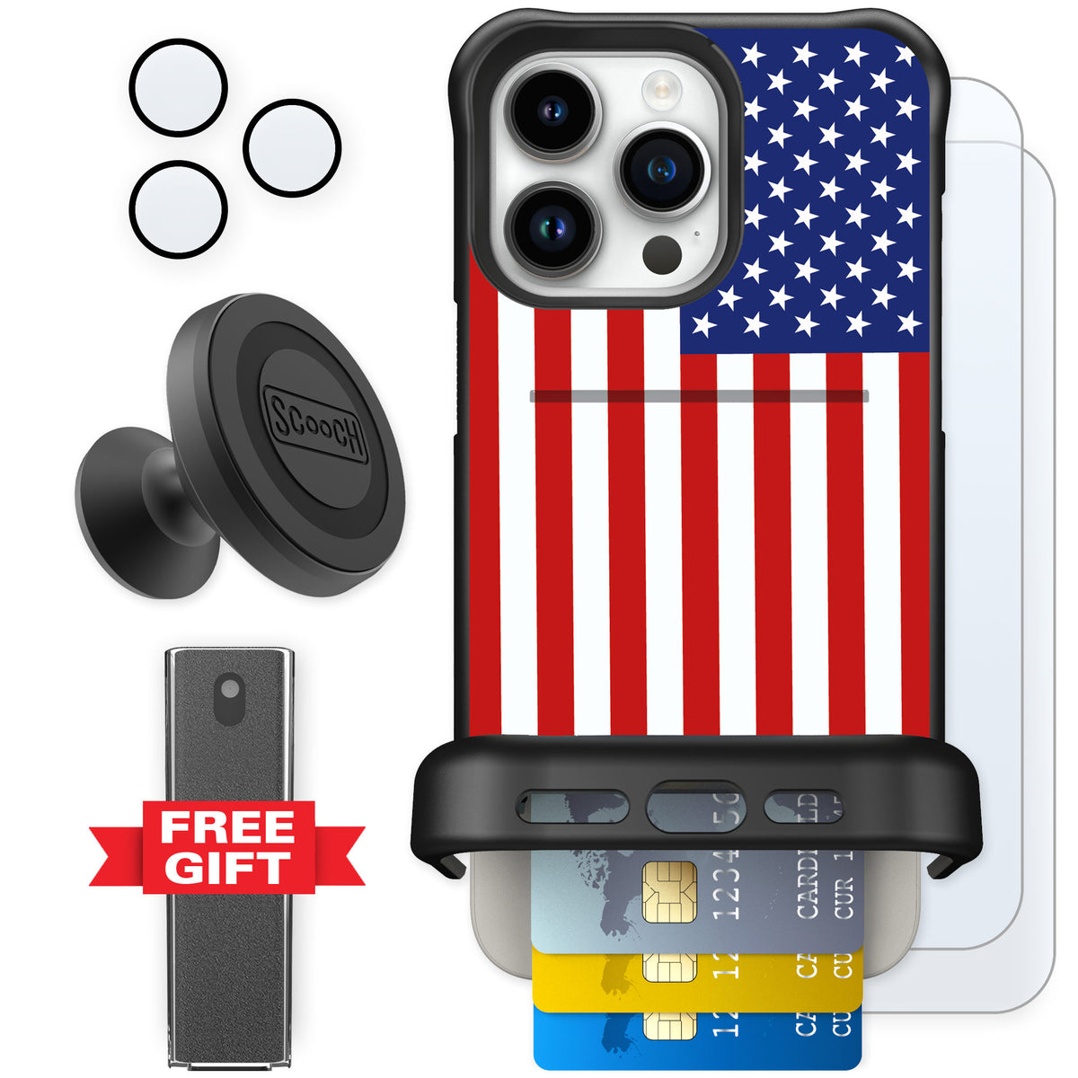 Scooch Wingmate Stars And Stripes for iPhone 15 Pro Max β Defender Bundle