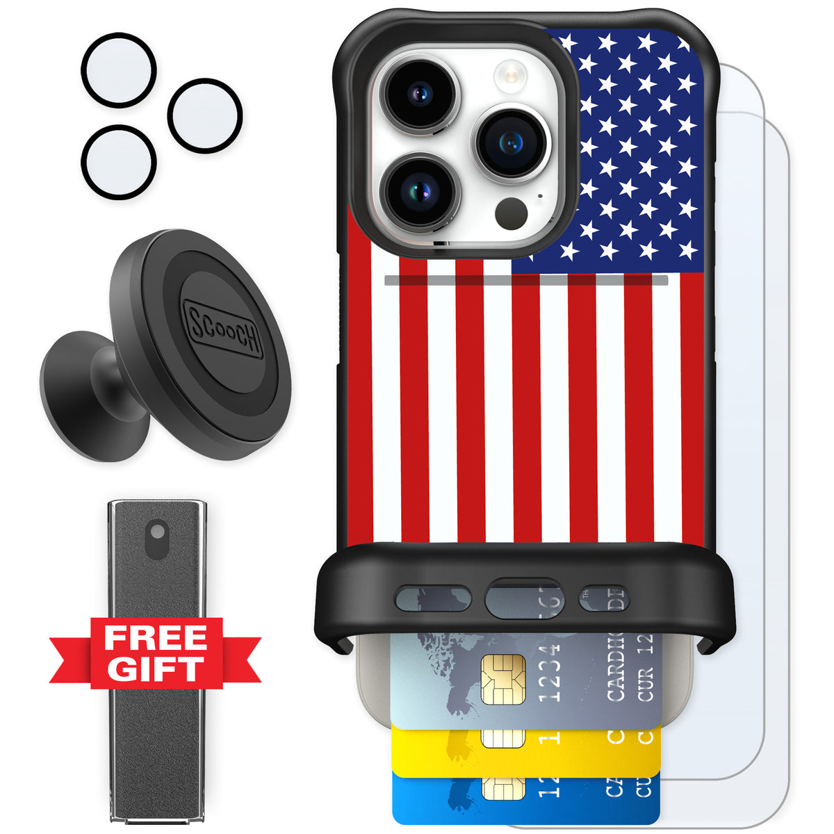 Scooch Wingmate Stars And Stripes for iPhone 15 Pro β Defender Bundle