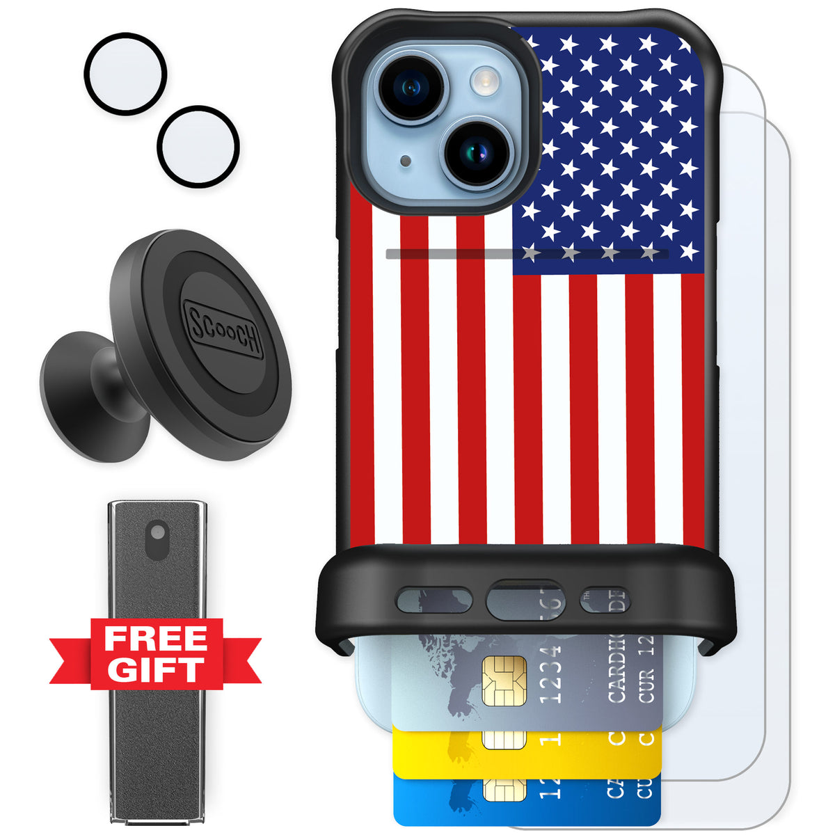 Scooch Wingmate Stars And Stripes for iPhone 15 β Defender Bundle