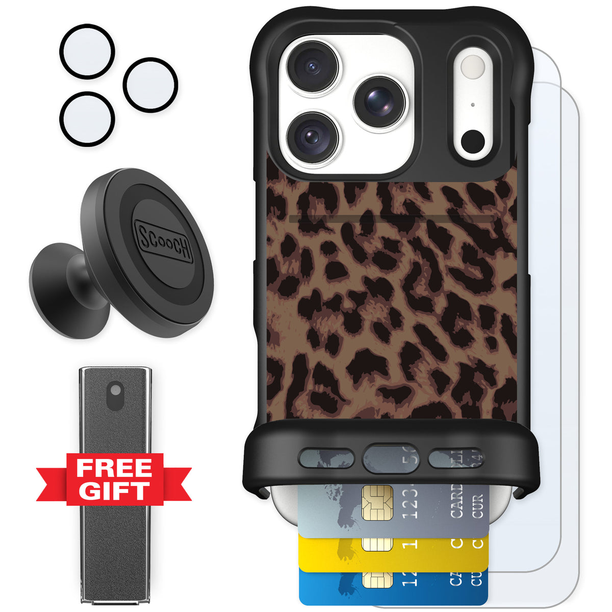 Scooch Wingmate Luxe Leopard for iPhone 18 Pro — Defender Bundle