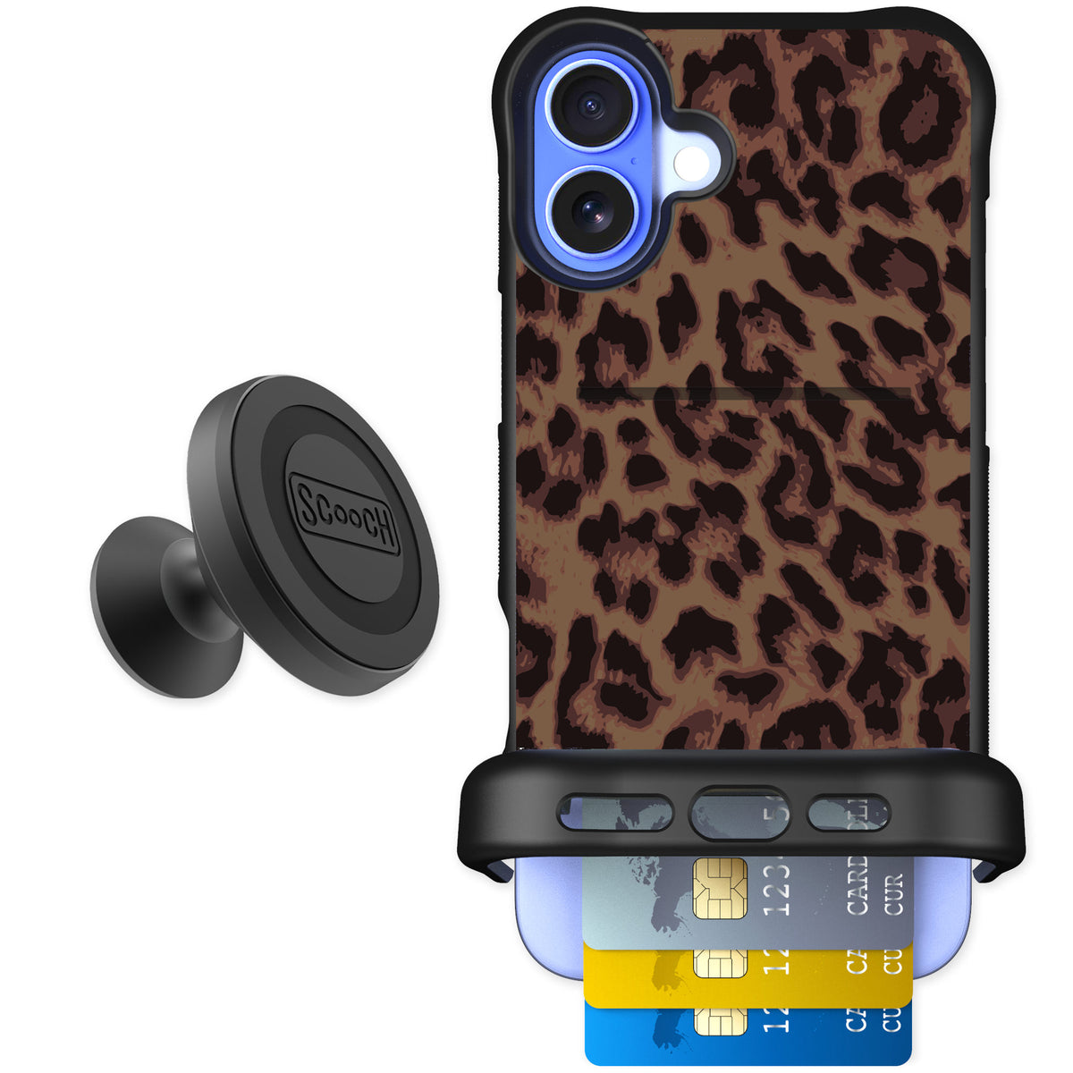 Scooch Wingmate Luxe Leopard for iPhone 16 Plus — Starter Bundle