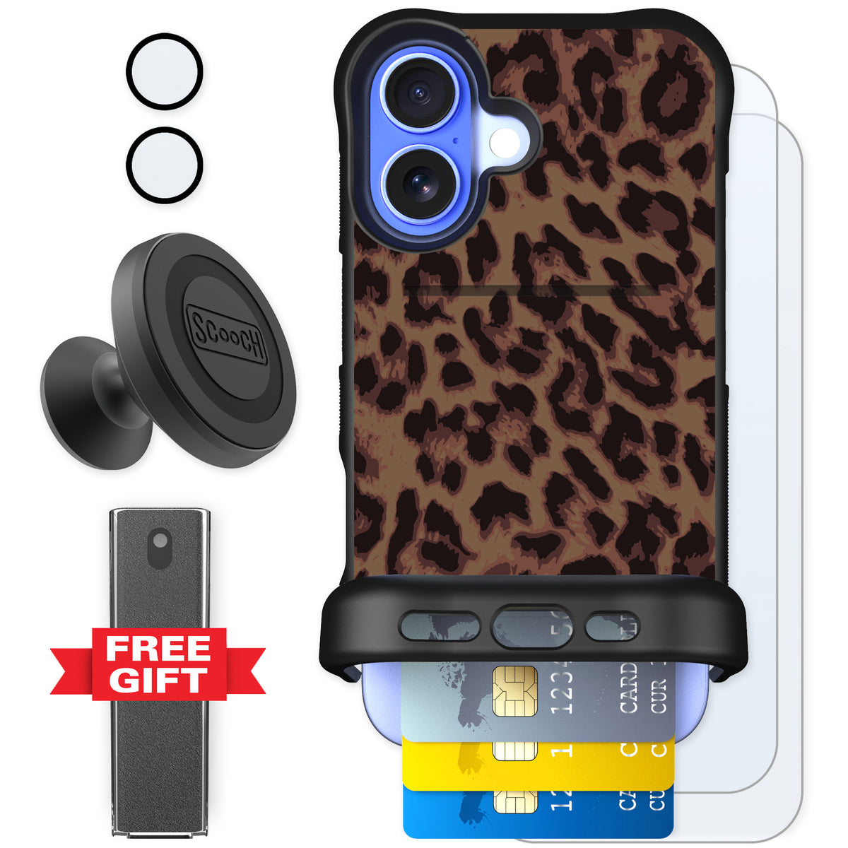 Scooch Wingmate Luxe Leopard for iPhone 16 — Defender Bundle