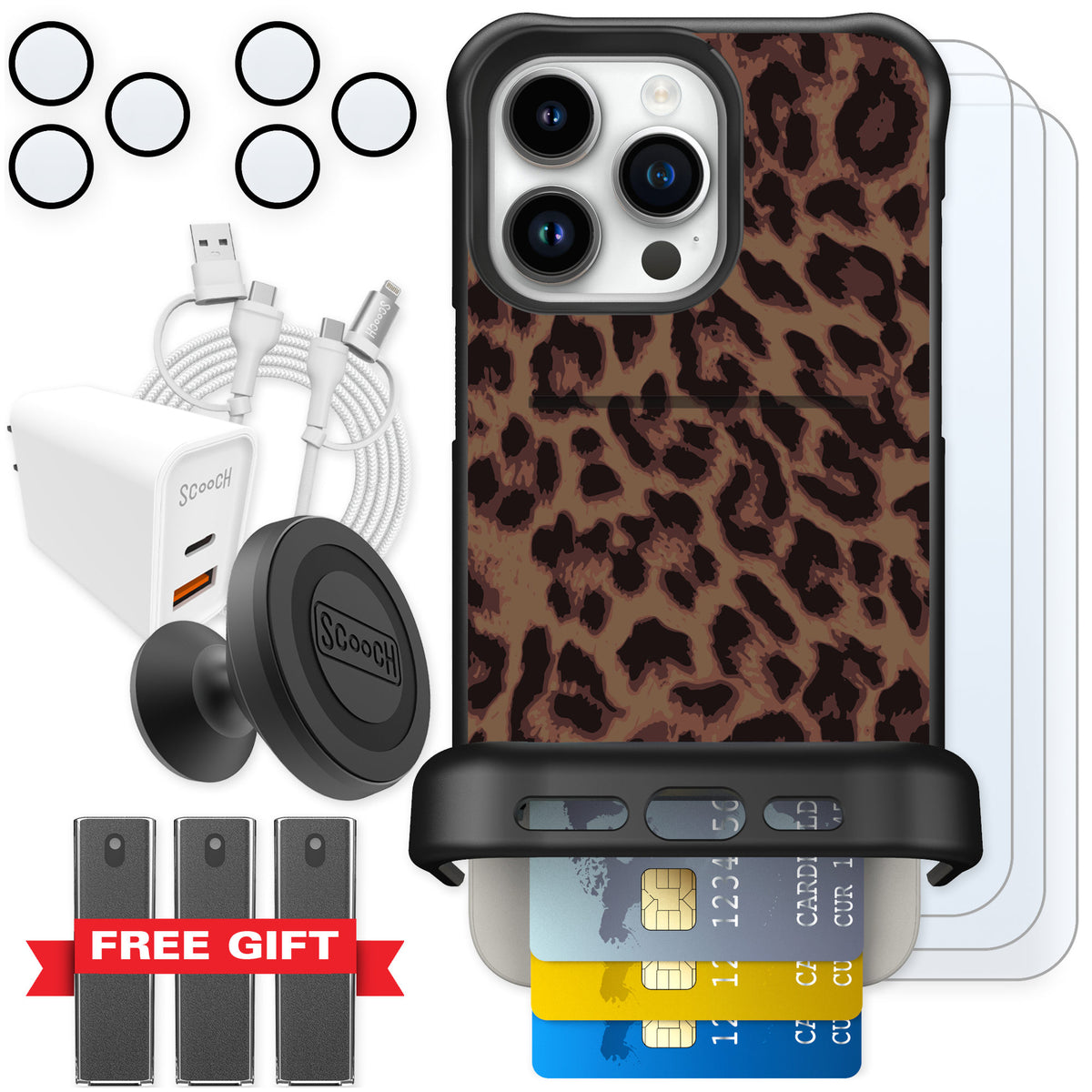 Scooch Wingmate Luxe Leopard for iPhone 15 Pro Max — Ultimate Bundle