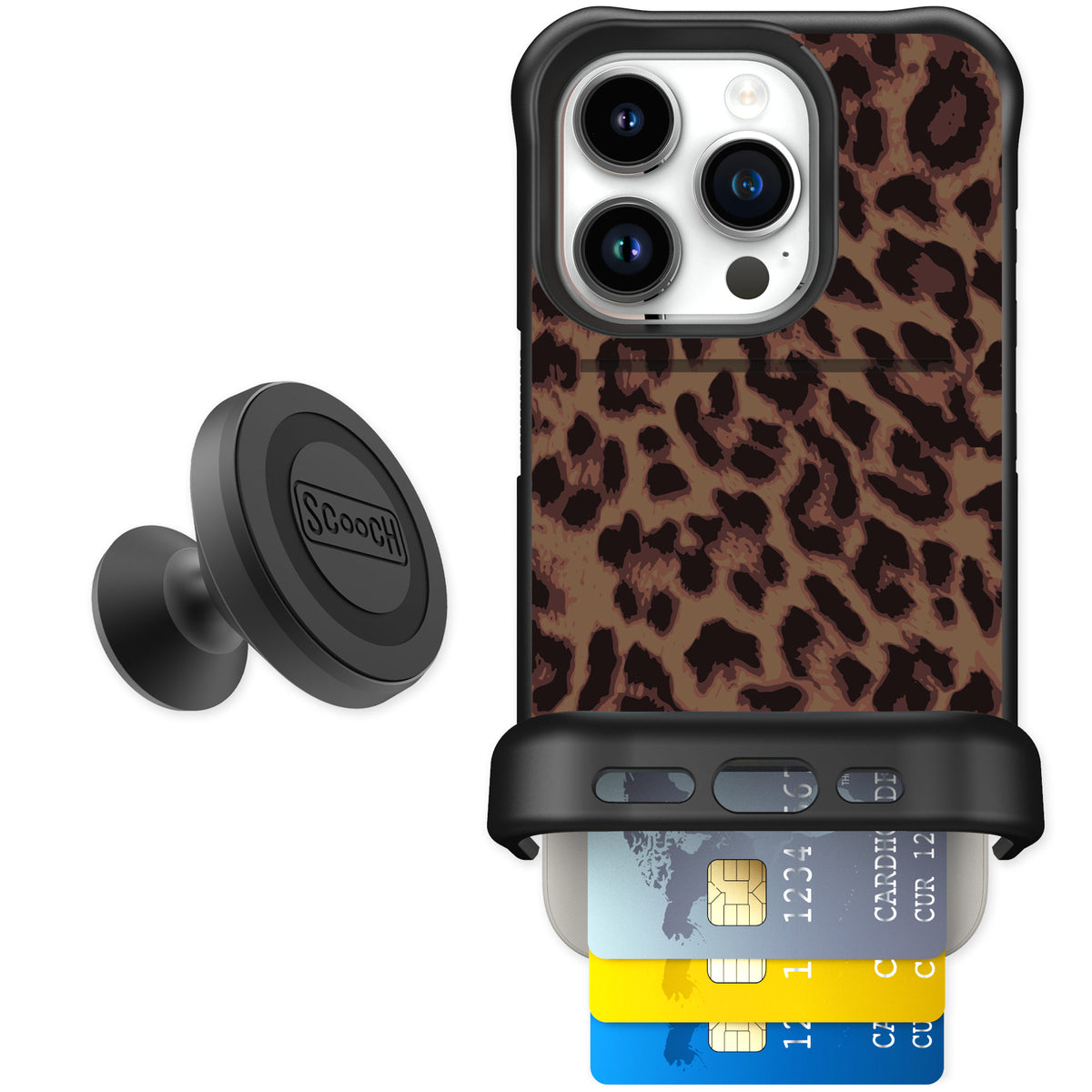 Scooch Wingmate Luxe Leopard for iPhone 15 Pro — Starter Bundle