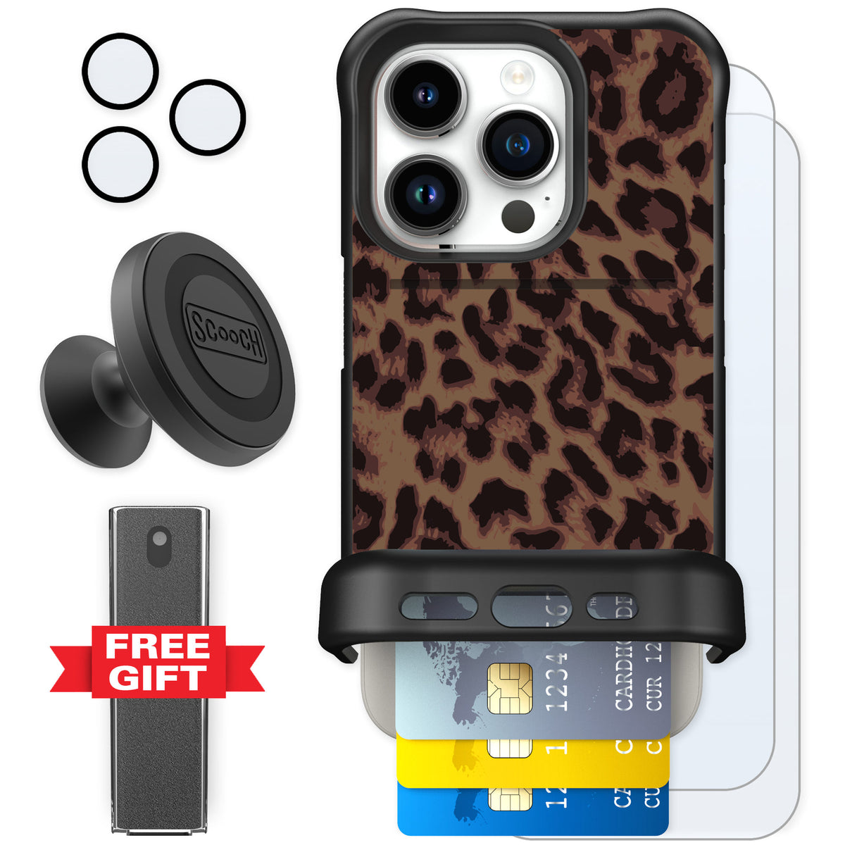 Scooch Wingmate Luxe Leopard for iPhone 15 Pro — Defender Bundle