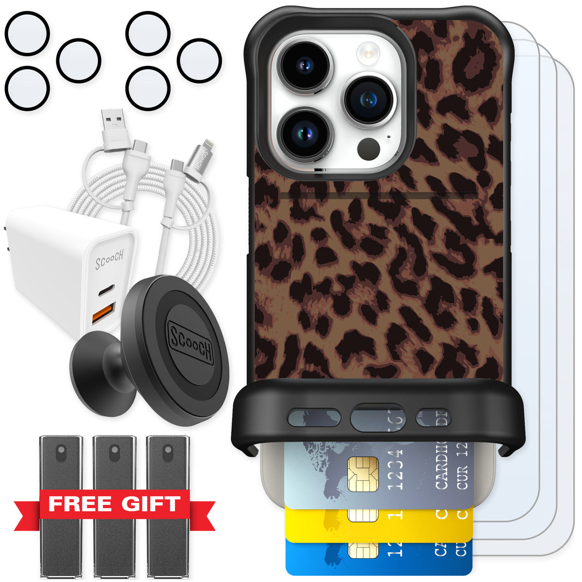 Scooch Wingmate Luxe Leopard for iPhone 15 Pro — Ultimate Bundle