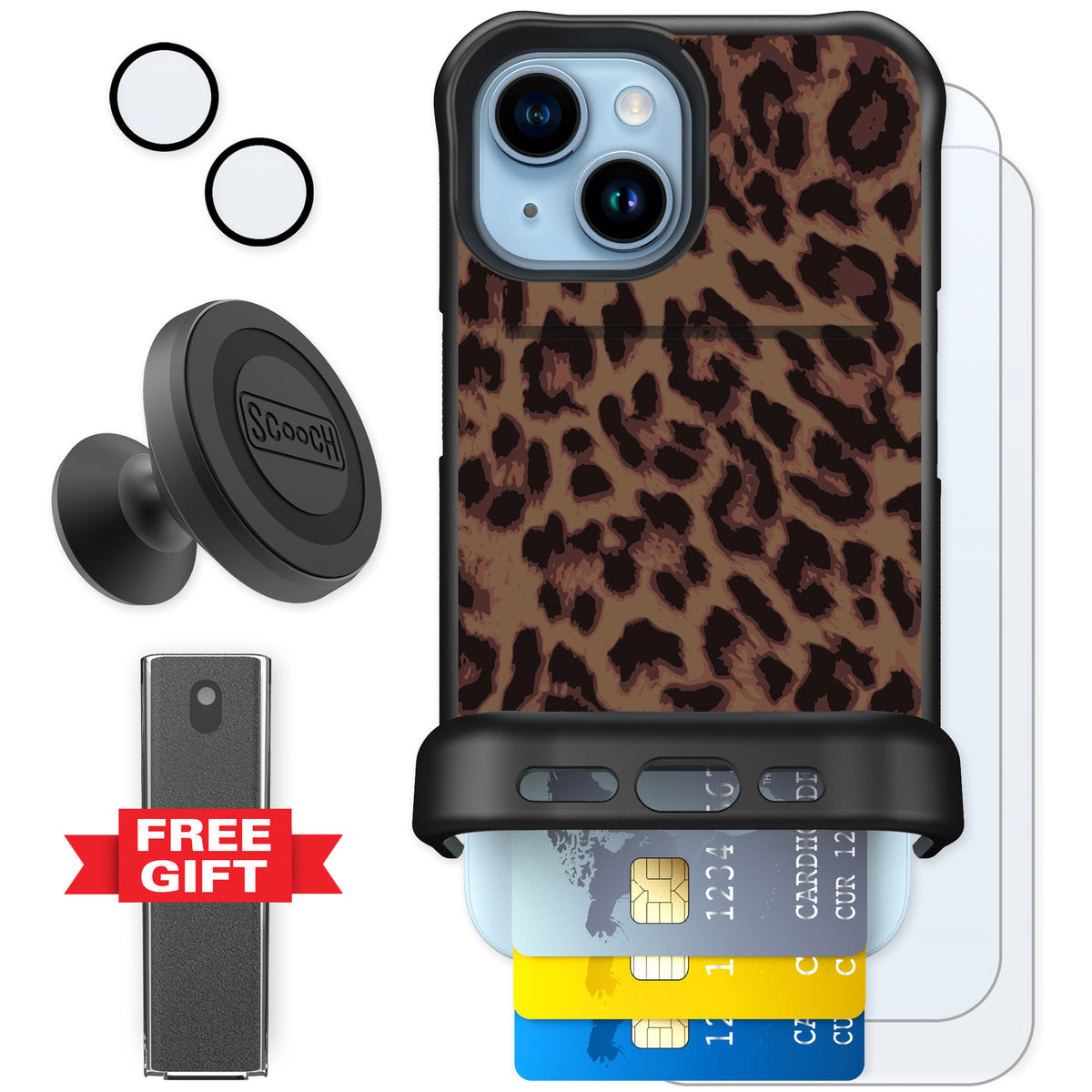 Scooch Wingmate Luxe Leopard for iPhone 15 — Defender Bundle