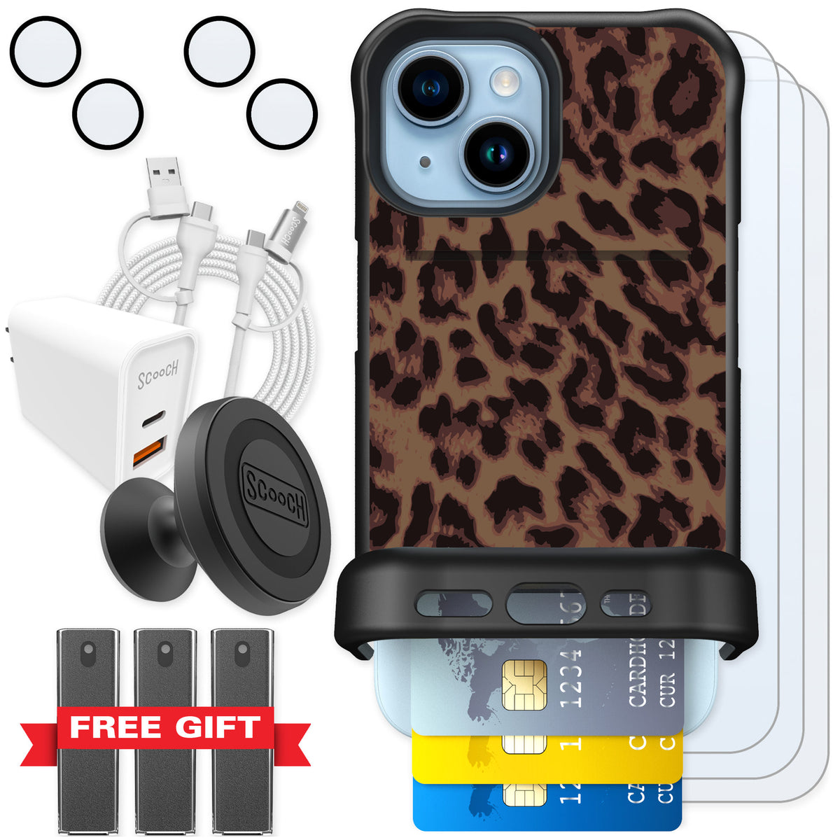 Scooch Wingmate Luxe Leopard for iPhone 15 — Ultimate Bundle
