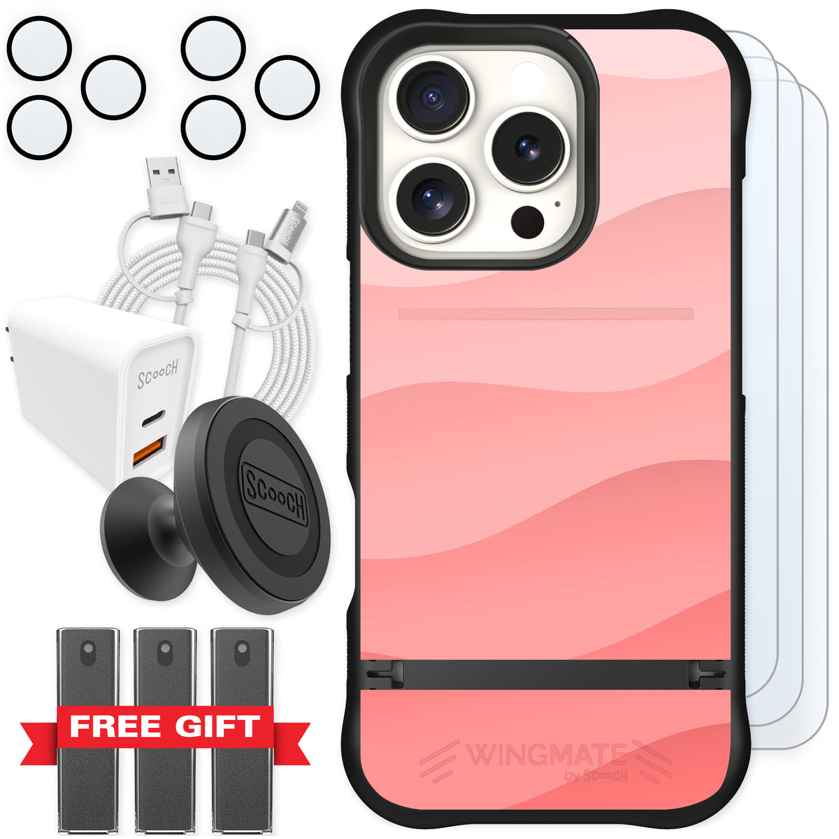 Scooch Wingmate Pink Waves for iPhone 16 Pro — Ultimate Bundle