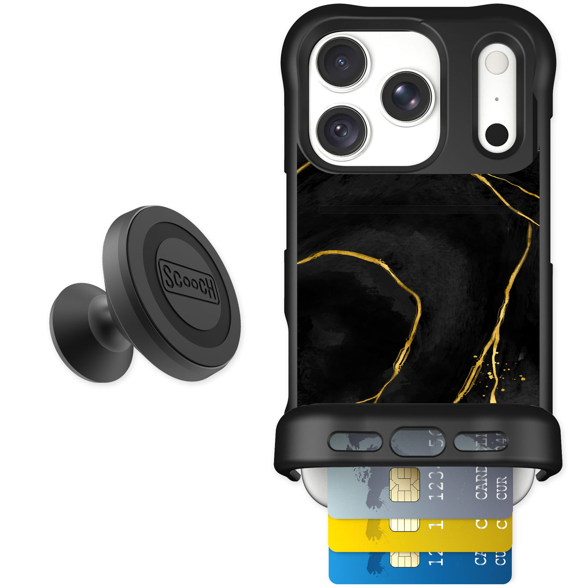 Scooch Wingmate Black Marble for iPhone 18 Pro — Starter Bundle