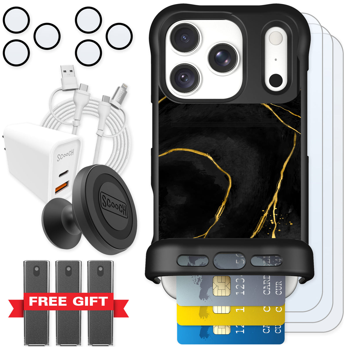 Scooch Wingmate Black Marble for iPhone 18 Pro — Ultimate Bundle