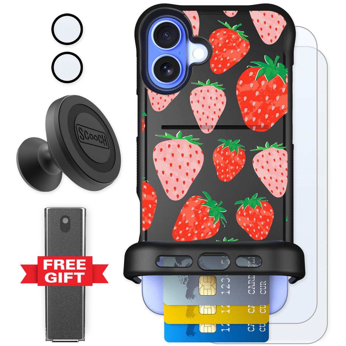 Scooch Wingmate Strawberry Fields for iPhone 16 Plus — Defender Bundle