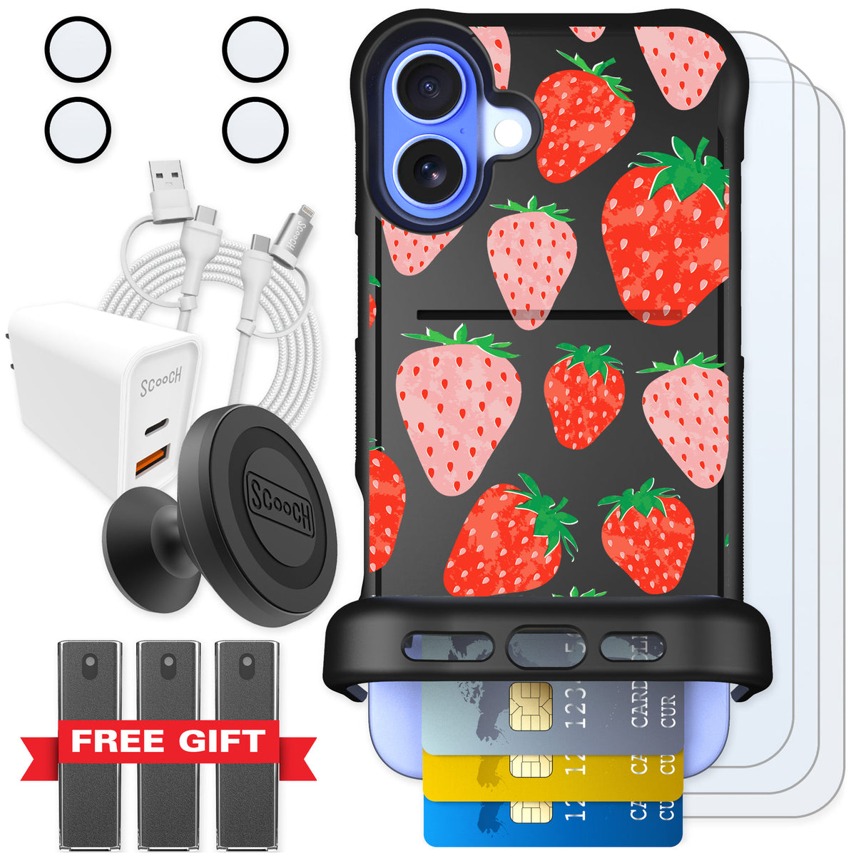 Scooch Wingmate Strawberry Fields for iPhone 16 Plus — Ultimate Bundle