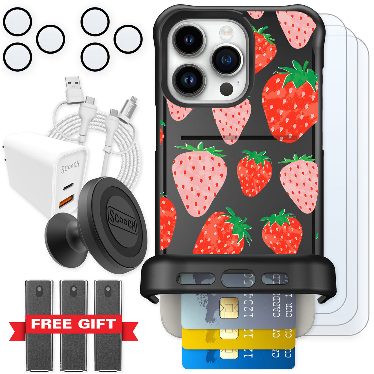 Scooch Wingmate Strawberry Fields for iPhone 15 Pro Max — Ultimate Bundle
