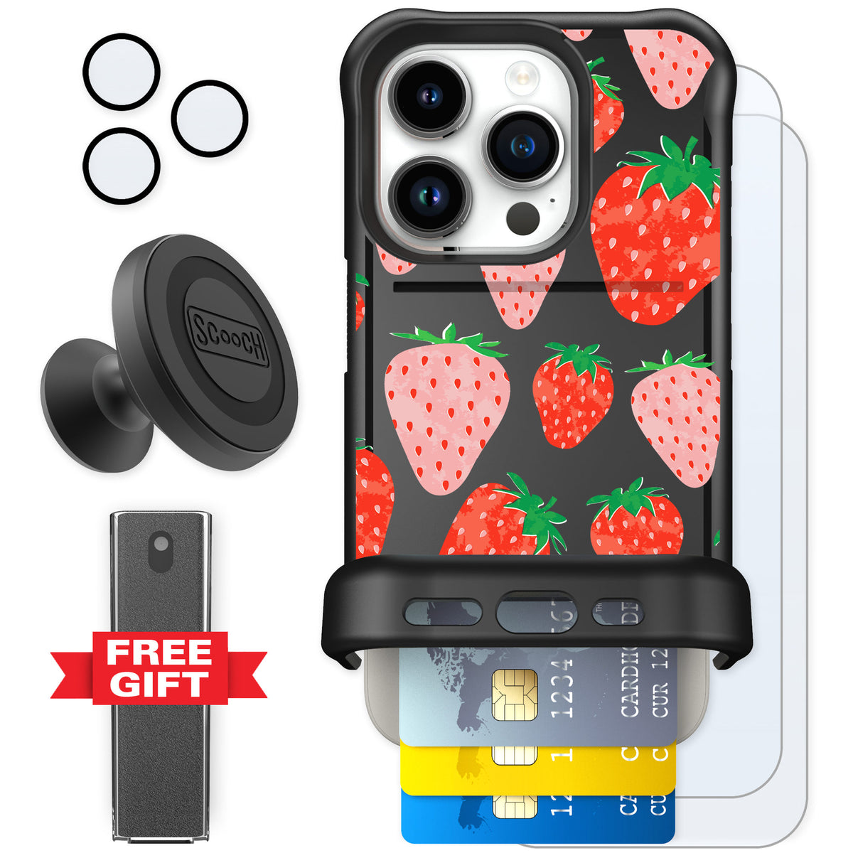 Scooch Wingmate Strawberry Fields for iPhone 15 Pro — Defender Bundle