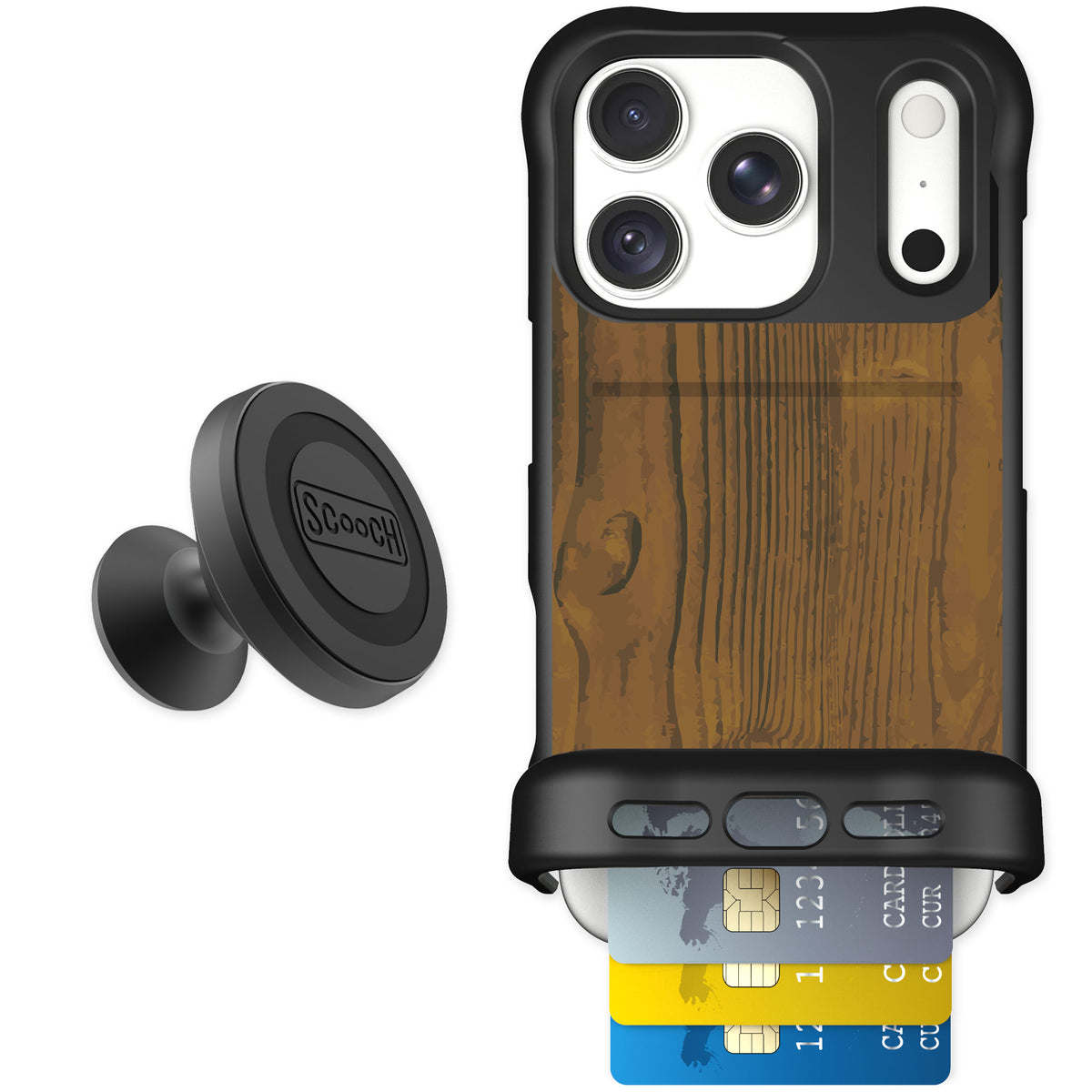 Scooch Wingmate Wood Grain for iPhone 18 Pro — Starter Bundle
