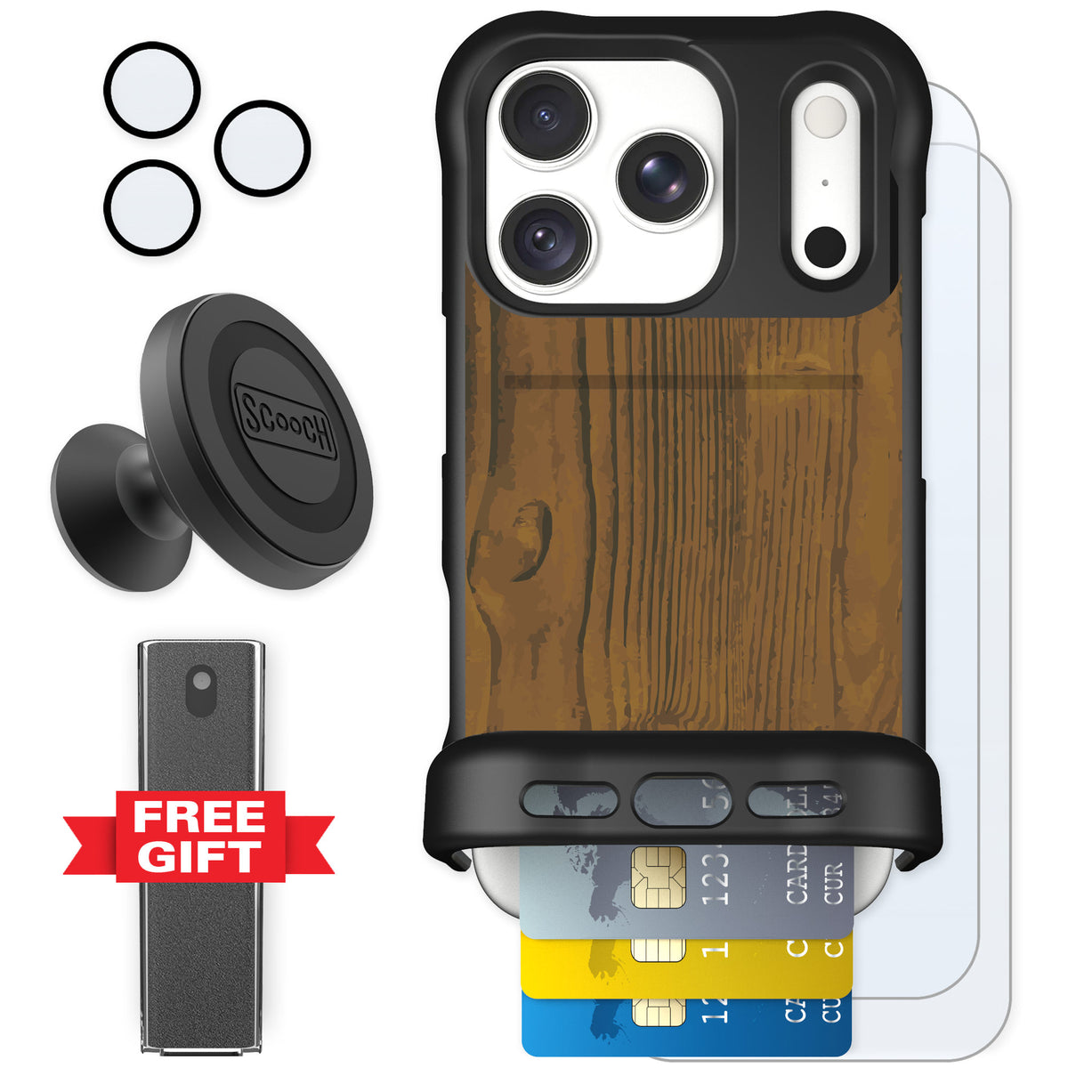 Scooch Wingmate Wood Grain for iPhone 18 Pro — Defender Bundle