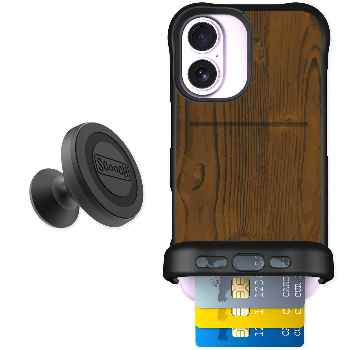 Scooch Wingmate Wood Grain for iPhone 17 — Starter Bundle