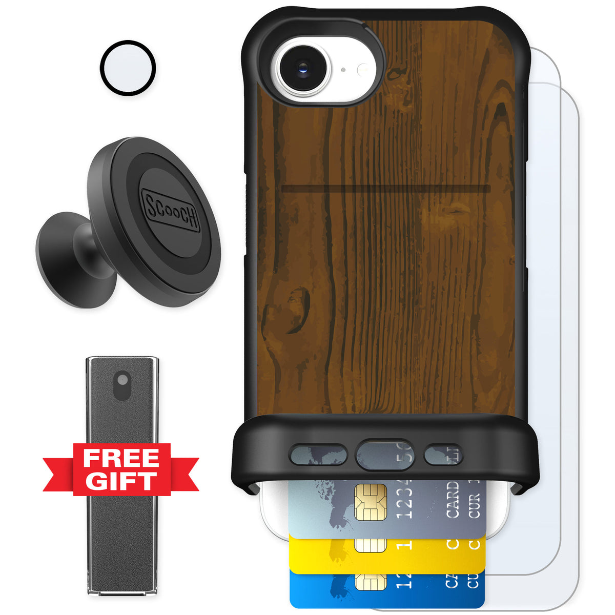 Scooch Wingmate Wood Grain for iPhone 17e — Defender Bundle