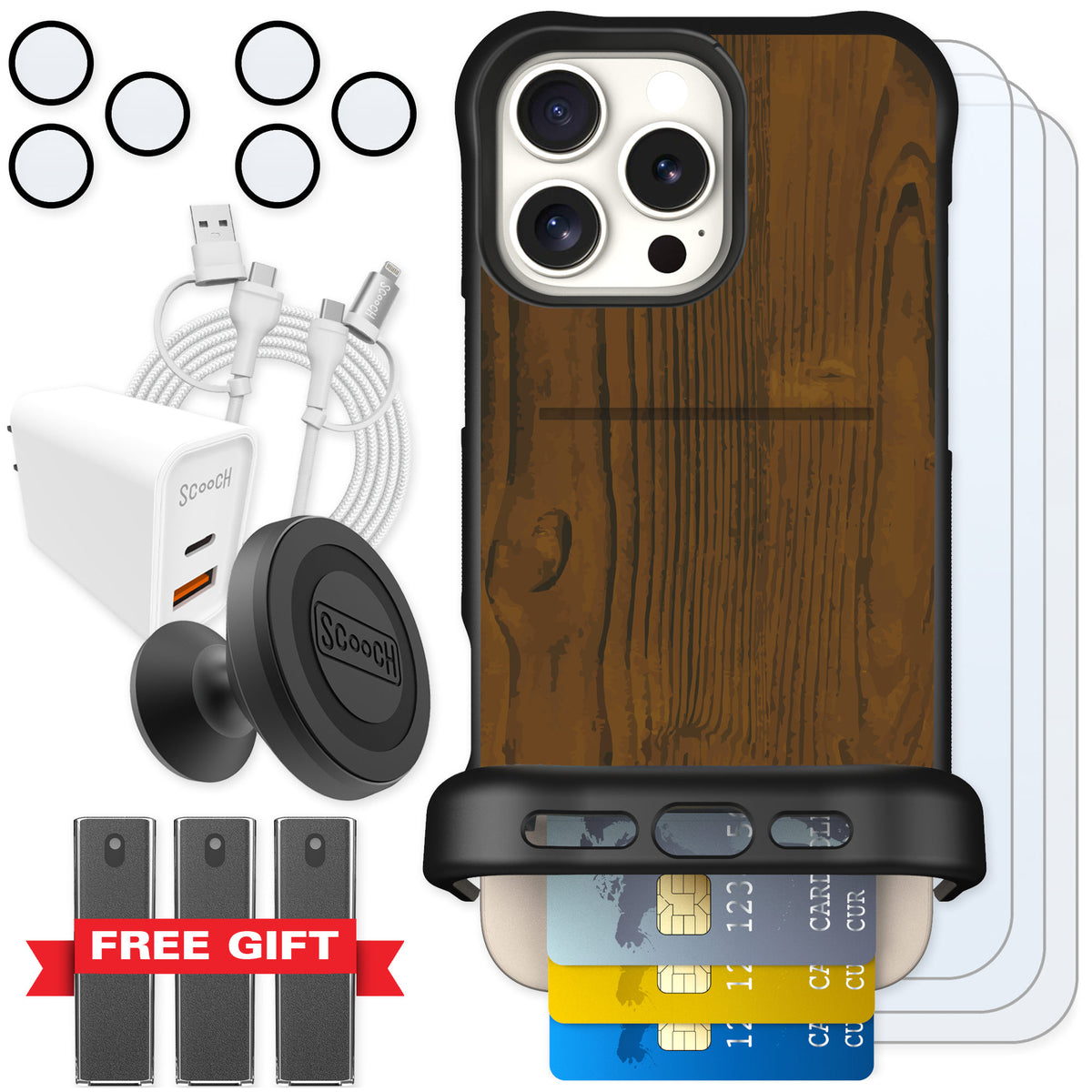 Scooch Wingmate Wood Grain for iPhone 16 Pro Max — Ultimate Bundle