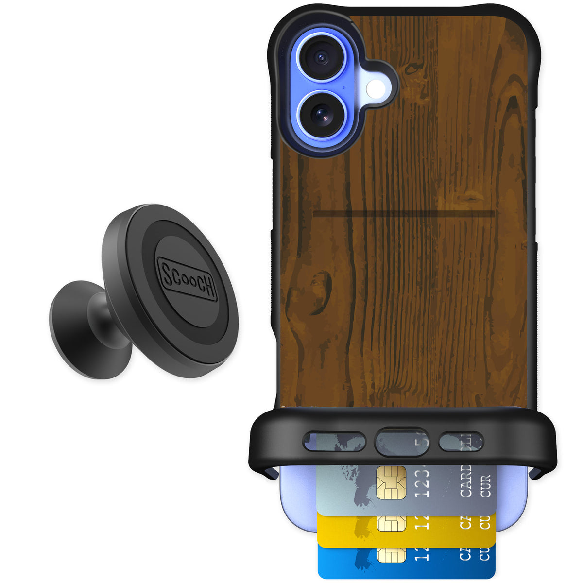 Scooch Wingmate Wood Grain for iPhone 16 Plus — Starter Bundle
