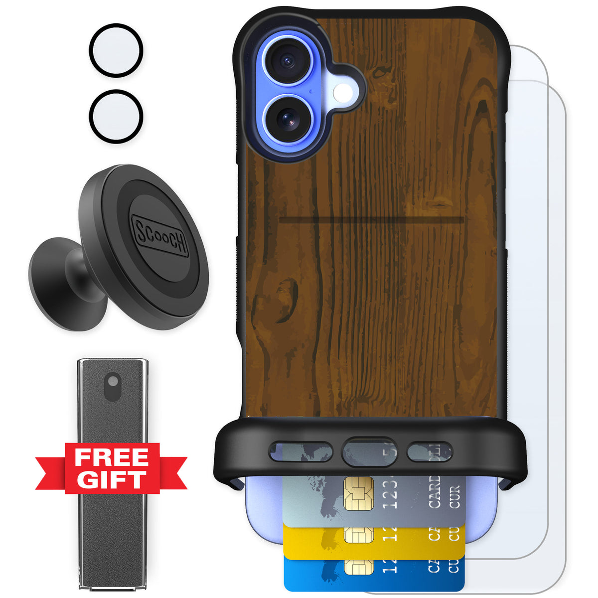 Scooch Wingmate Wood Grain for iPhone 16 Plus — Defender Bundle