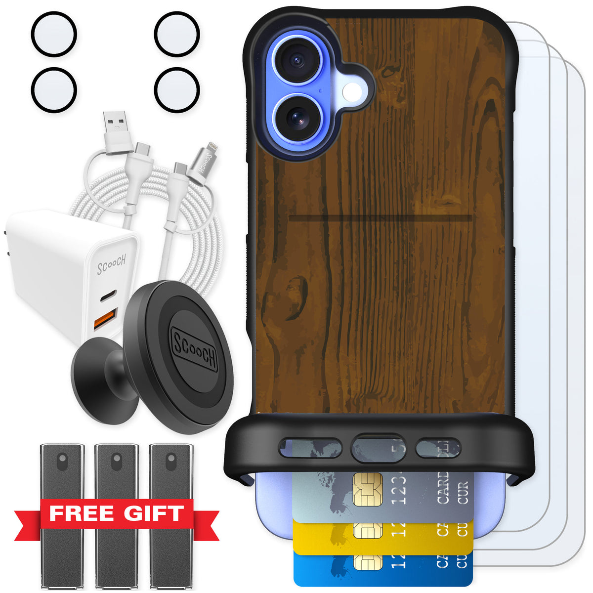 Scooch Wingmate Wood Grain for iPhone 16 Plus — Ultimate Bundle