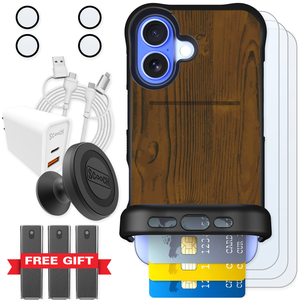 Scooch Wingmate Wood Grain for iPhone 16 — Ultimate Bundle