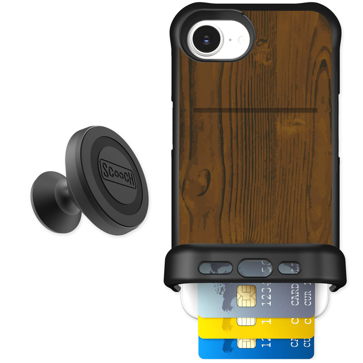 Scooch Wingmate Wood Grain for iPhone 16e — Starter Bundle