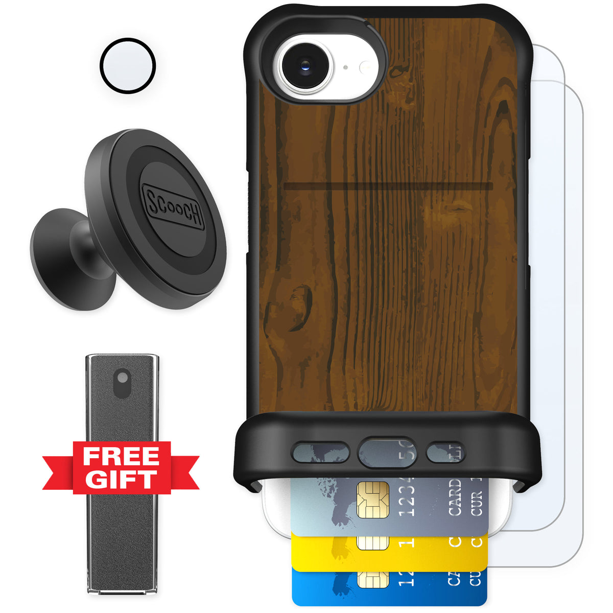 Scooch Wingmate Wood Grain for iPhone 16e — Defender Bundle
